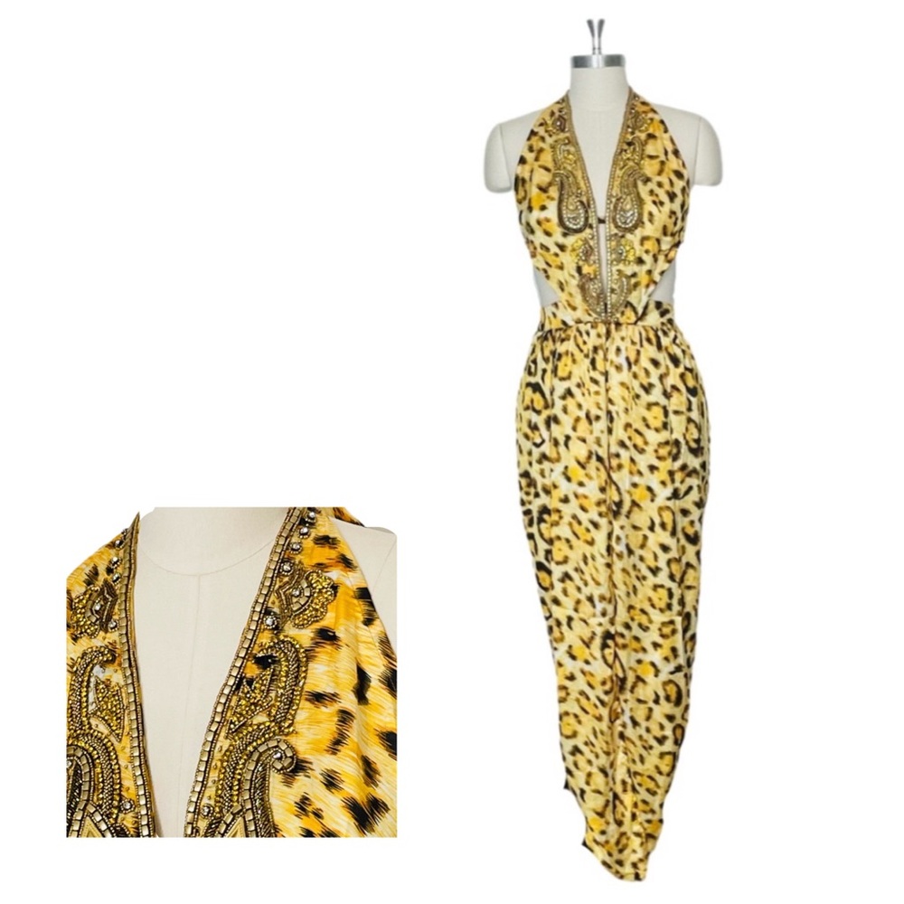 Manish Vaid Yellow Animal Print Halter Beaded Palazzo Jumpsuit Size Small
